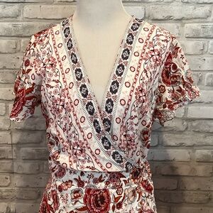 ZESICA 100% rayon floral wrap around maxi dress ivory pink rust short sleeve